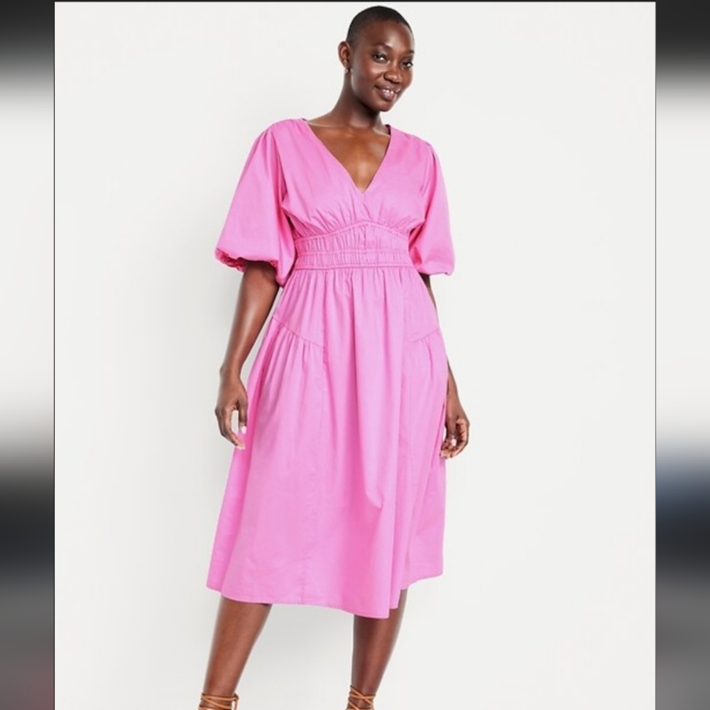 Old Navy Pink V‑Neck Midi Dress with Puff Sleeves